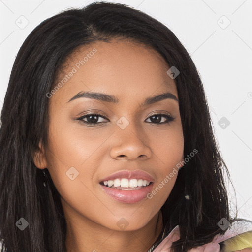 Joyful latino young-adult female with long  brown hair and brown eyes