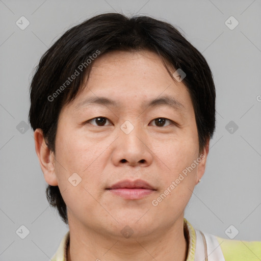 Neutral asian adult male with short  brown hair and brown eyes