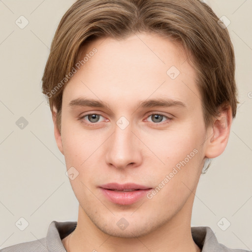 Neutral white young-adult male with short  brown hair and grey eyes