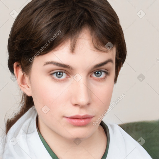 Neutral white young-adult female with medium  brown hair and grey eyes