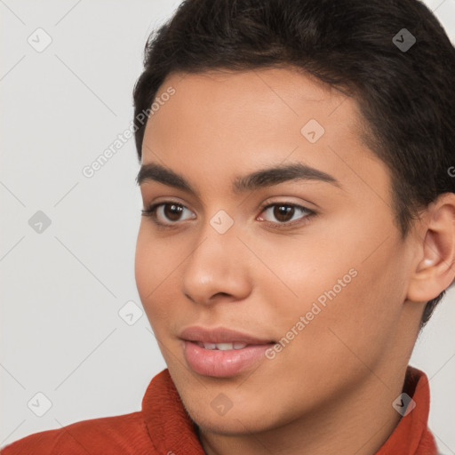 Neutral white young-adult female with short  brown hair and brown eyes