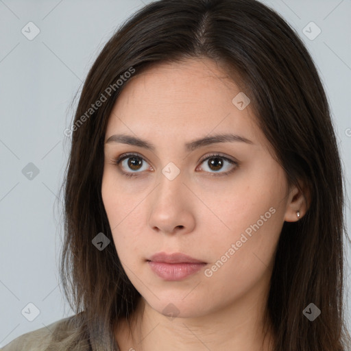 Neutral white young-adult female with long  brown hair and brown eyes