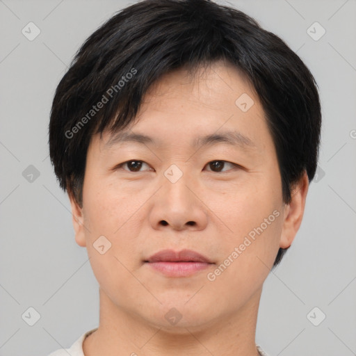 Joyful asian adult male with short  brown hair and brown eyes