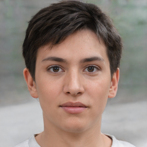 Neutral white young-adult female with short  brown hair and brown eyes