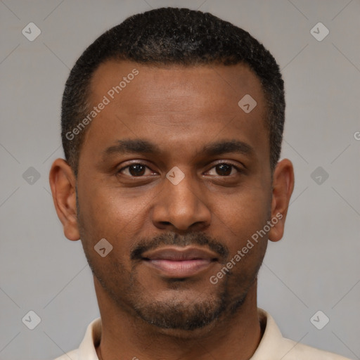 Neutral black young-adult male with short  brown hair and brown eyes