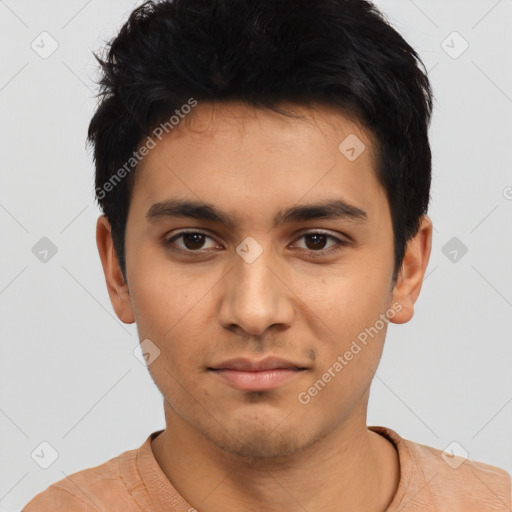 Neutral asian young-adult male with short  black hair and brown eyes