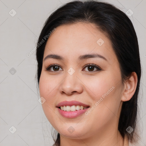 Joyful white young-adult female with medium  brown hair and brown eyes