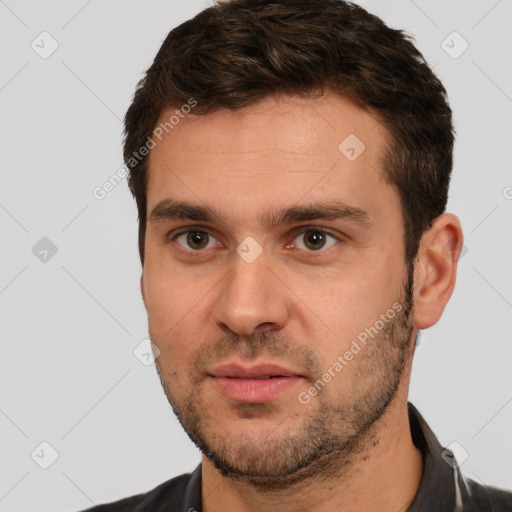 Neutral white young-adult male with short  brown hair and brown eyes