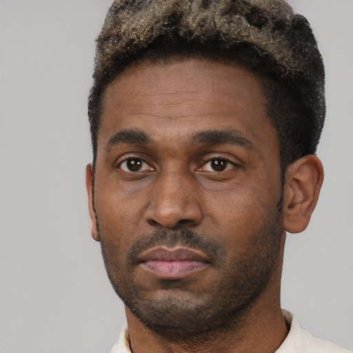 Neutral black young-adult male with short  black hair and brown eyes