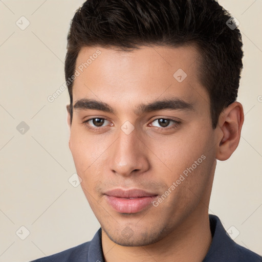 Neutral white young-adult male with short  brown hair and brown eyes