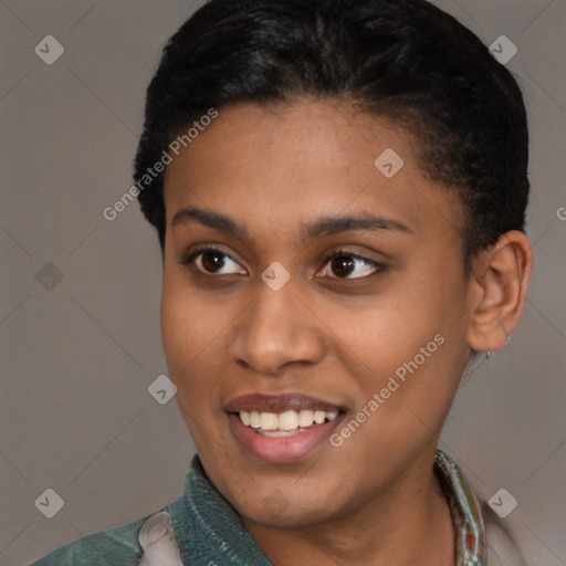 Joyful latino young-adult female with short  brown hair and brown eyes