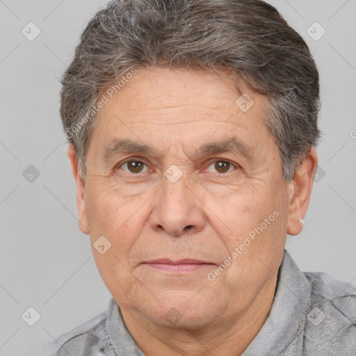 Joyful white middle-aged male with short  brown hair and brown eyes