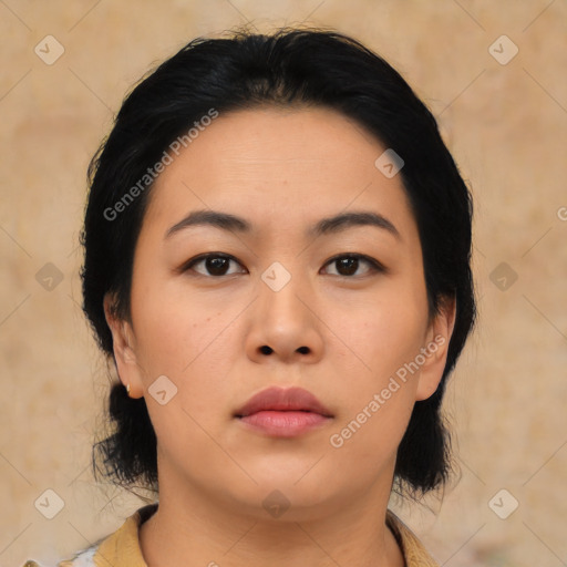 Neutral asian young-adult female with medium  black hair and brown eyes