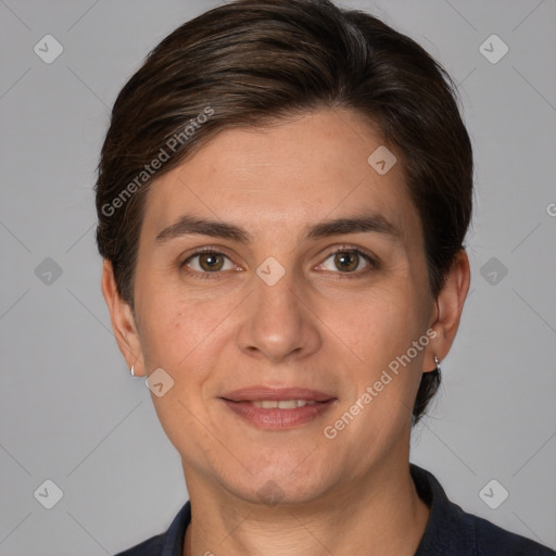 Joyful white adult female with short  brown hair and brown eyes