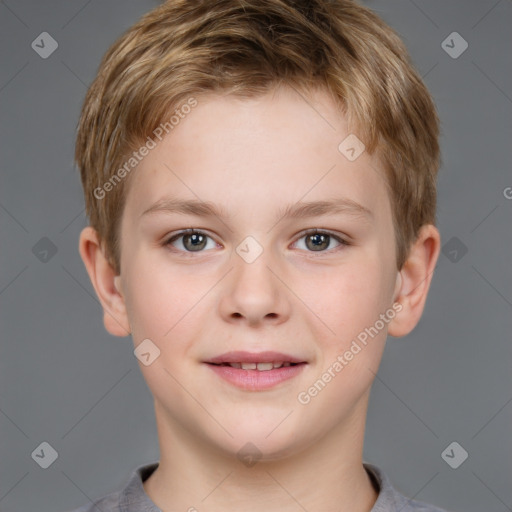 Joyful white child male with short  brown hair and brown eyes