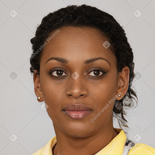 Neutral black young-adult female with short  black hair and brown eyes