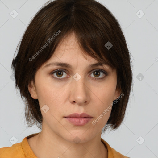 Neutral white young-adult female with medium  brown hair and brown eyes