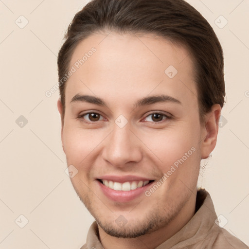 Joyful white young-adult female with short  brown hair and brown eyes