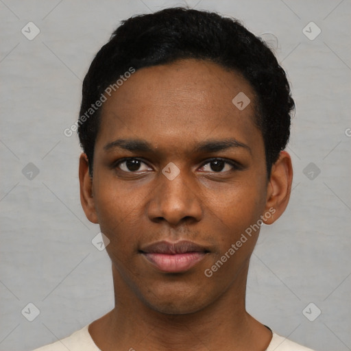 Neutral black young-adult male with short  black hair and brown eyes