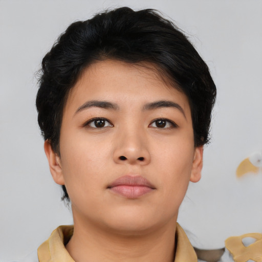 Neutral asian young-adult female with short  black hair and brown eyes