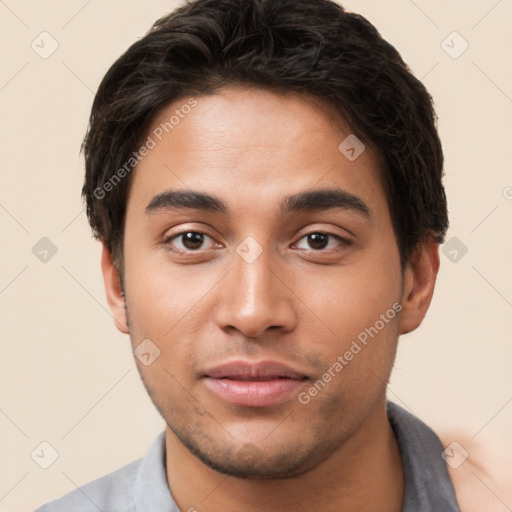 Neutral white young-adult male with short  brown hair and brown eyes