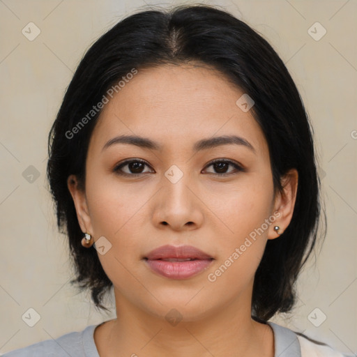 Neutral asian young-adult female with medium  black hair and brown eyes