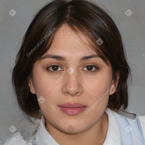 Neutral white young-adult female with medium  brown hair and brown eyes