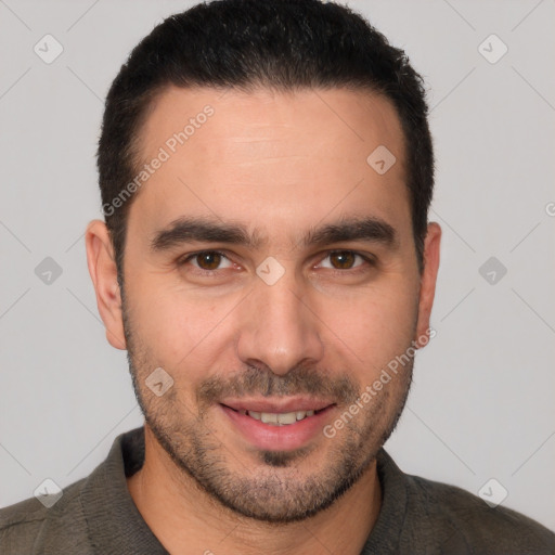 Joyful white young-adult male with short  brown hair and brown eyes