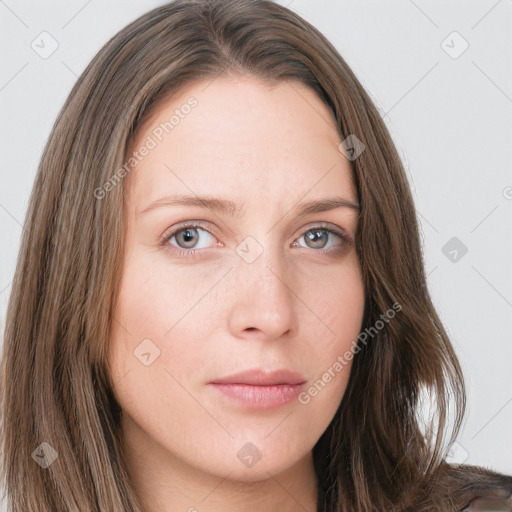 Neutral white young-adult female with long  brown hair and grey eyes