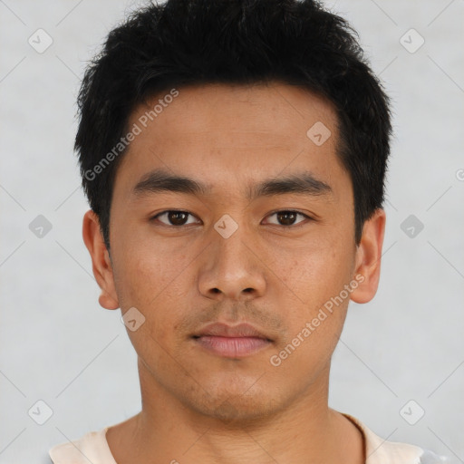 Neutral asian young-adult male with short  black hair and brown eyes