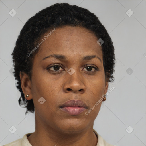 Neutral black young-adult female with short  brown hair and brown eyes