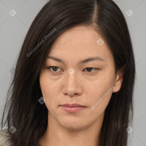 Neutral asian young-adult female with long  brown hair and brown eyes