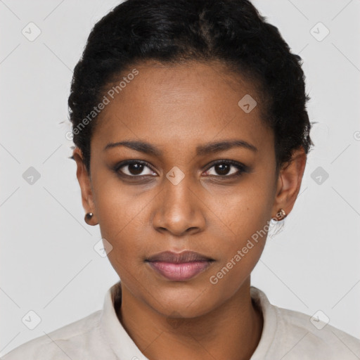 Neutral black young-adult female with short  black hair and brown eyes