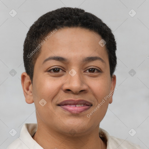 Joyful latino young-adult female with short  brown hair and brown eyes
