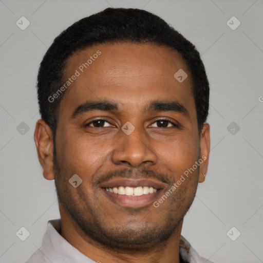 Joyful latino young-adult male with short  black hair and brown eyes