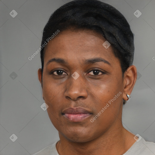 Neutral black young-adult female with short  black hair and brown eyes