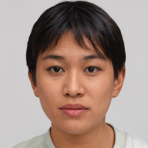 Neutral asian young-adult female with short  brown hair and brown eyes