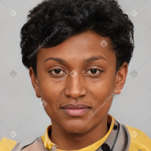 Neutral latino young-adult female with short  black hair and brown eyes