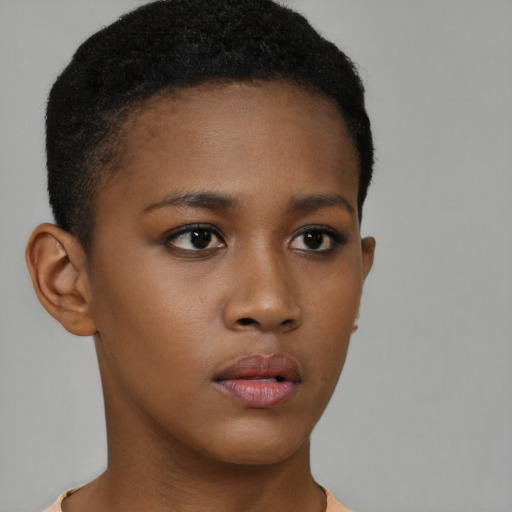 Neutral black young-adult female with short  brown hair and brown eyes