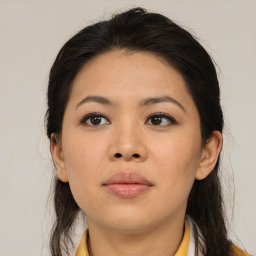 Neutral asian young-adult female with medium  brown hair and brown eyes