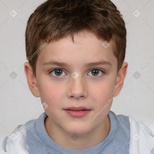 Joyful white child male with short  brown hair and brown eyes