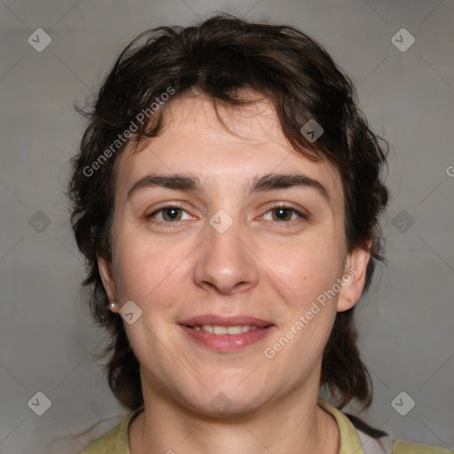 Joyful white young-adult male with medium  brown hair and brown eyes