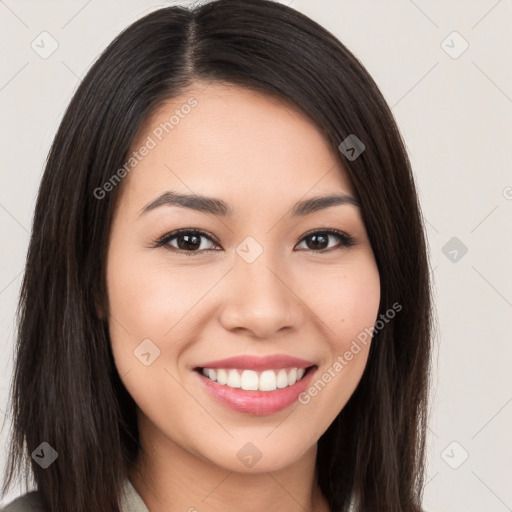 Joyful white young-adult female with long  brown hair and brown eyes