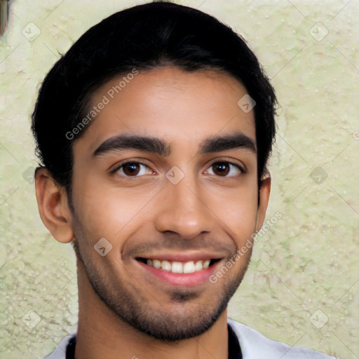 Joyful latino young-adult male with short  black hair and brown eyes