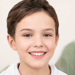 Joyful white child female with short  brown hair and brown eyes