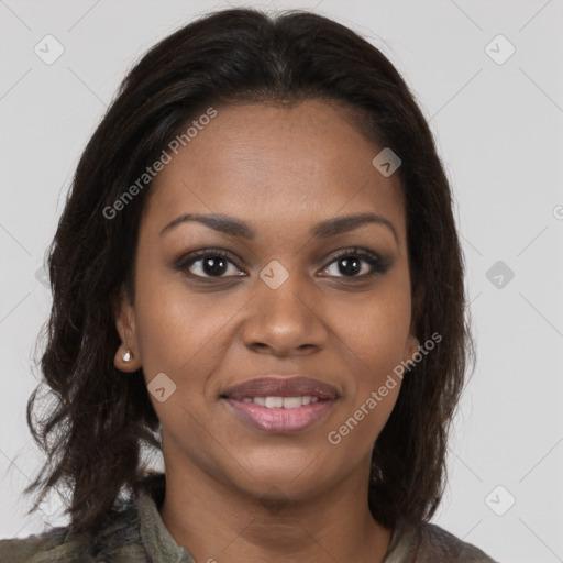 Joyful black young-adult female with medium  brown hair and brown eyes