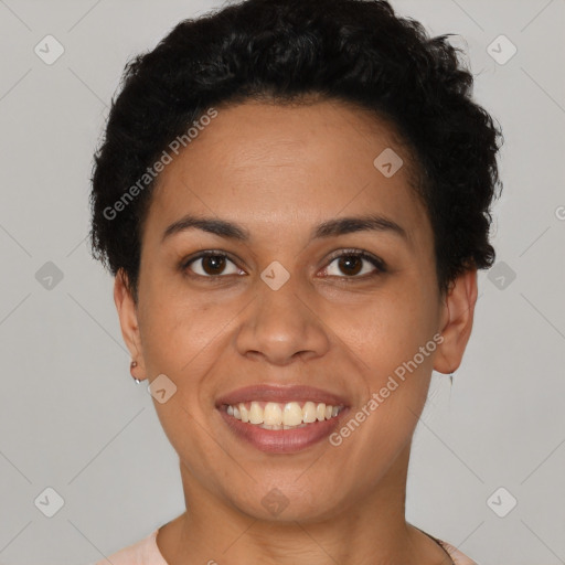 Joyful latino young-adult female with short  brown hair and brown eyes