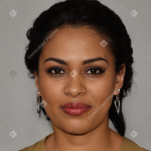 Joyful latino young-adult female with long  black hair and brown eyes