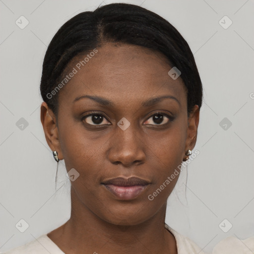 Neutral black young-adult female with short  black hair and brown eyes
