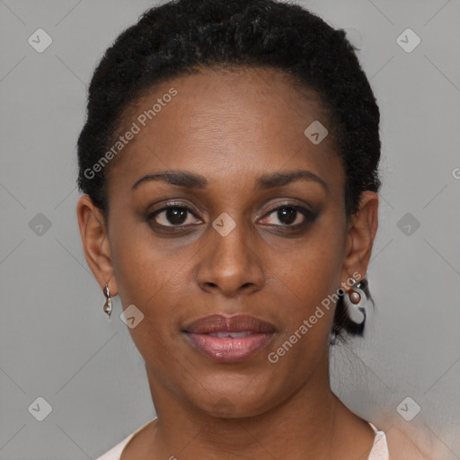 Neutral black young-adult female with short  brown hair and brown eyes